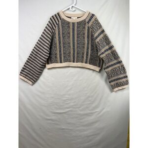Grade & Gather Sweater Women Medium Tan Navy Striped Cropped Mixed Knit Boxy